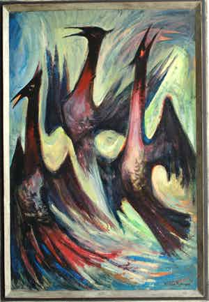 Klaas Pijlman - Olieverf op board , “Vogels” - ingelijst – 1961 verkocht voor € 50!