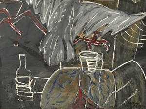 Hannes van Es - Zeer groot ingelijst schilderij (162 x 130 cm), “Zwarte vogel” – 1984 kopen? Bied vanaf 300!