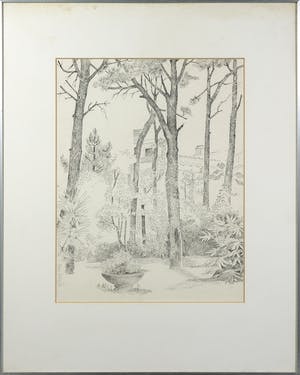 Margot Hudig-Heldring - Pentekening, Zicht op een park - Ingelijst kopen? Bied vanaf 1!