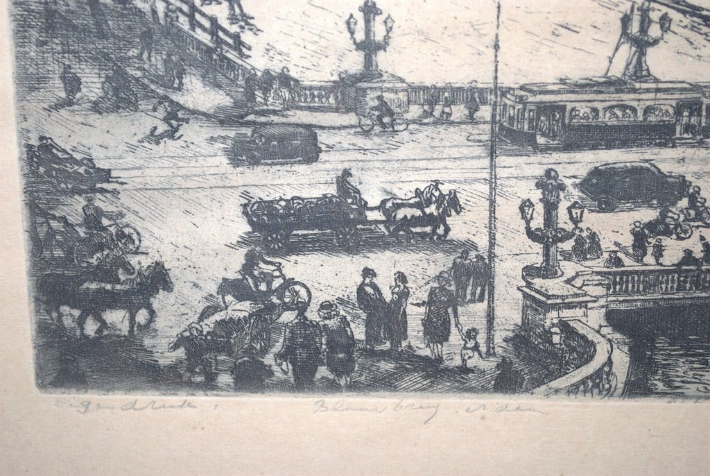Toon Pluymers - Rond de Blauwbrug Amsterdam - mooi ingelijste ets, eigen druk door Toon Pluymers kopen? Bied vanaf 110!