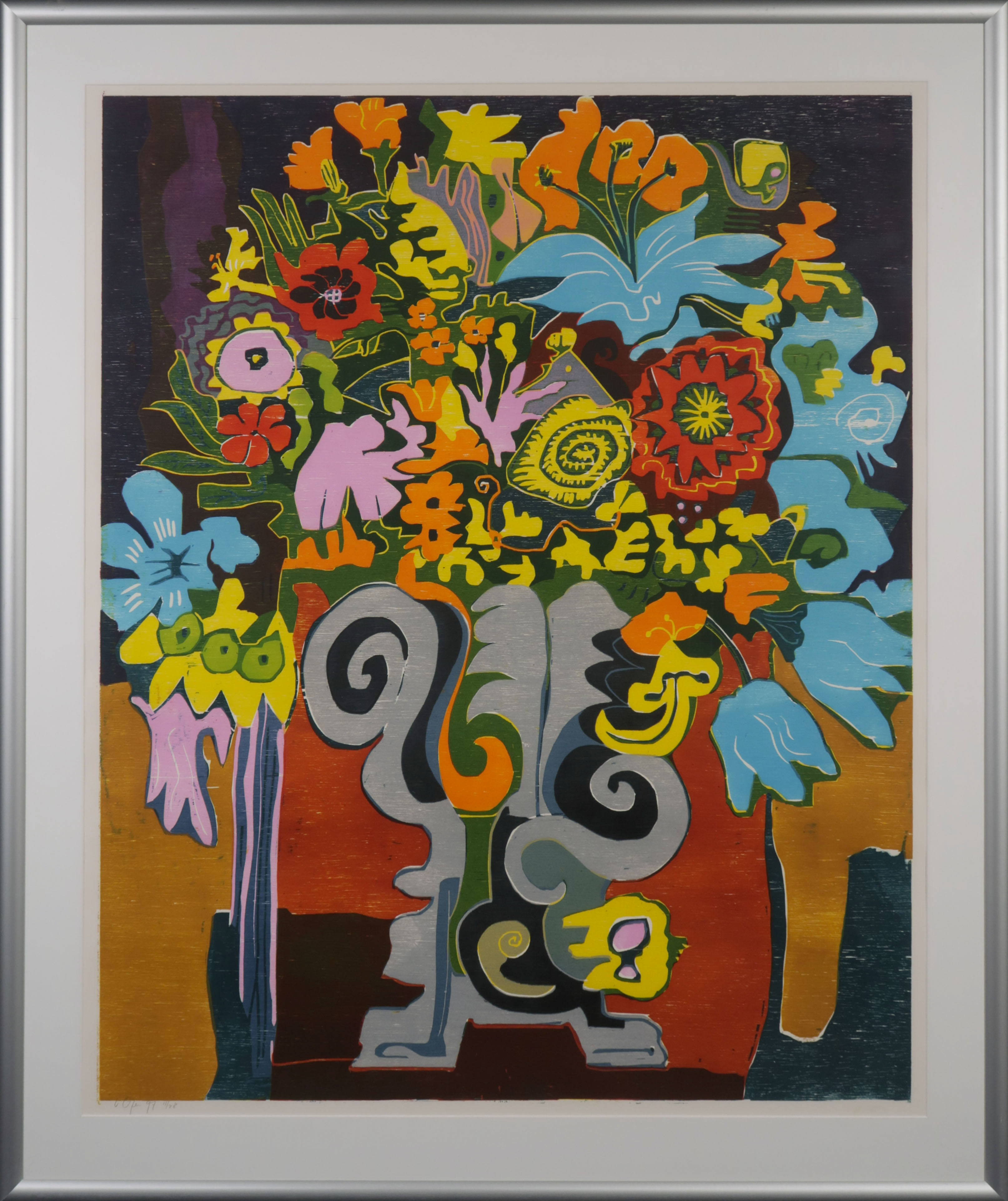 Vincent van Ojen - Linosnede, Groot boeket - Ingelijst verkocht voor € 80!