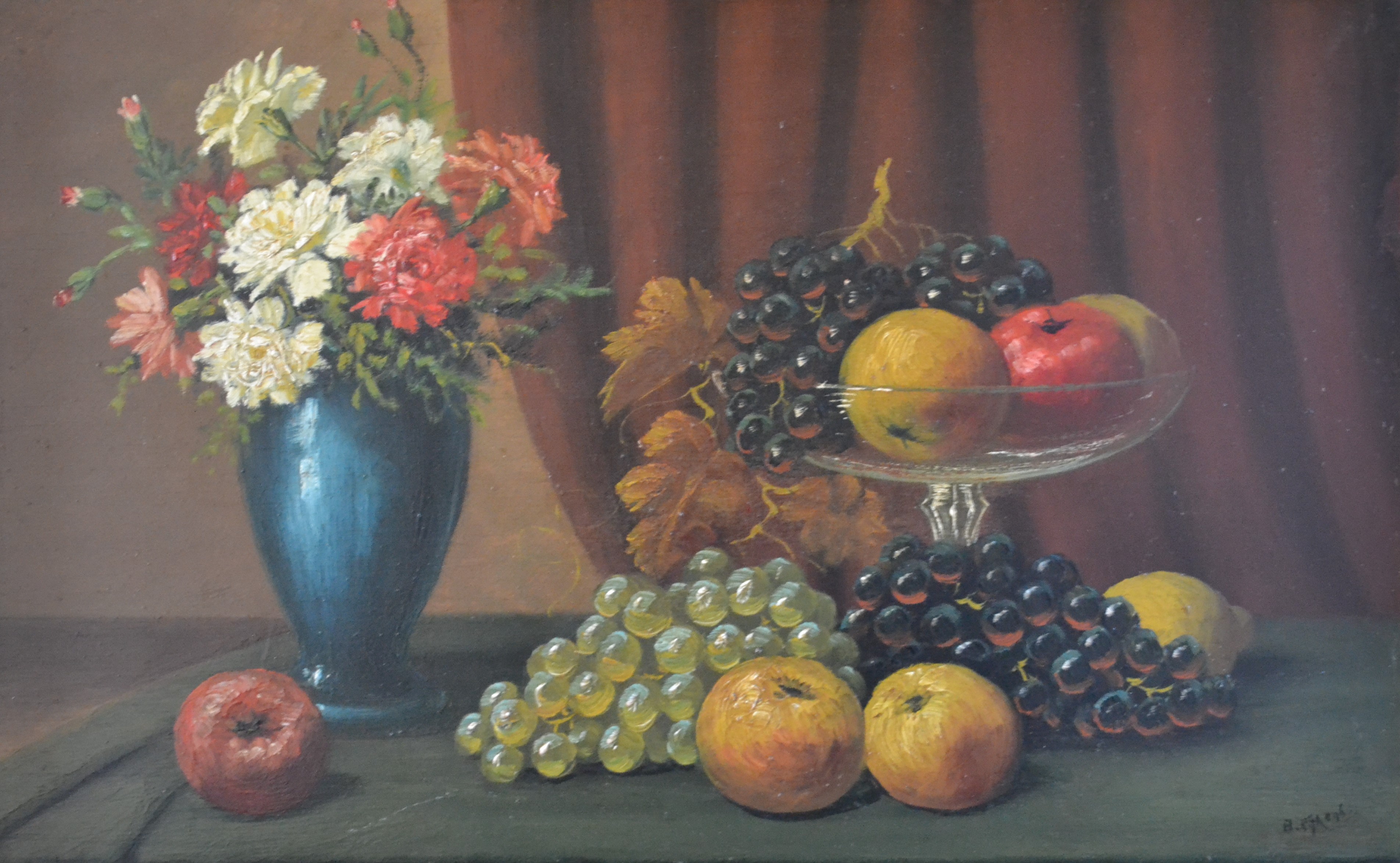 Niet of onleesbaar gesigneerd - Hollandse school (20ste eeuw) - Stilleven van bloemen en fruit kopen? Bied vanaf 1!