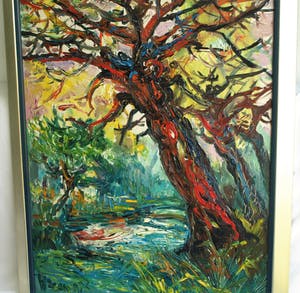 Hasan Djaafar - Ingelijst, olieverf op doek op board (marouflé), “Rode boom” – Groot - 93 x 73 kopen? Bied vanaf 300!