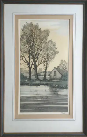 Roger Hebbelinck - Fraai ingelijste kleuren ets met Vlaams herfstlandschap kopen? Bied vanaf 40!