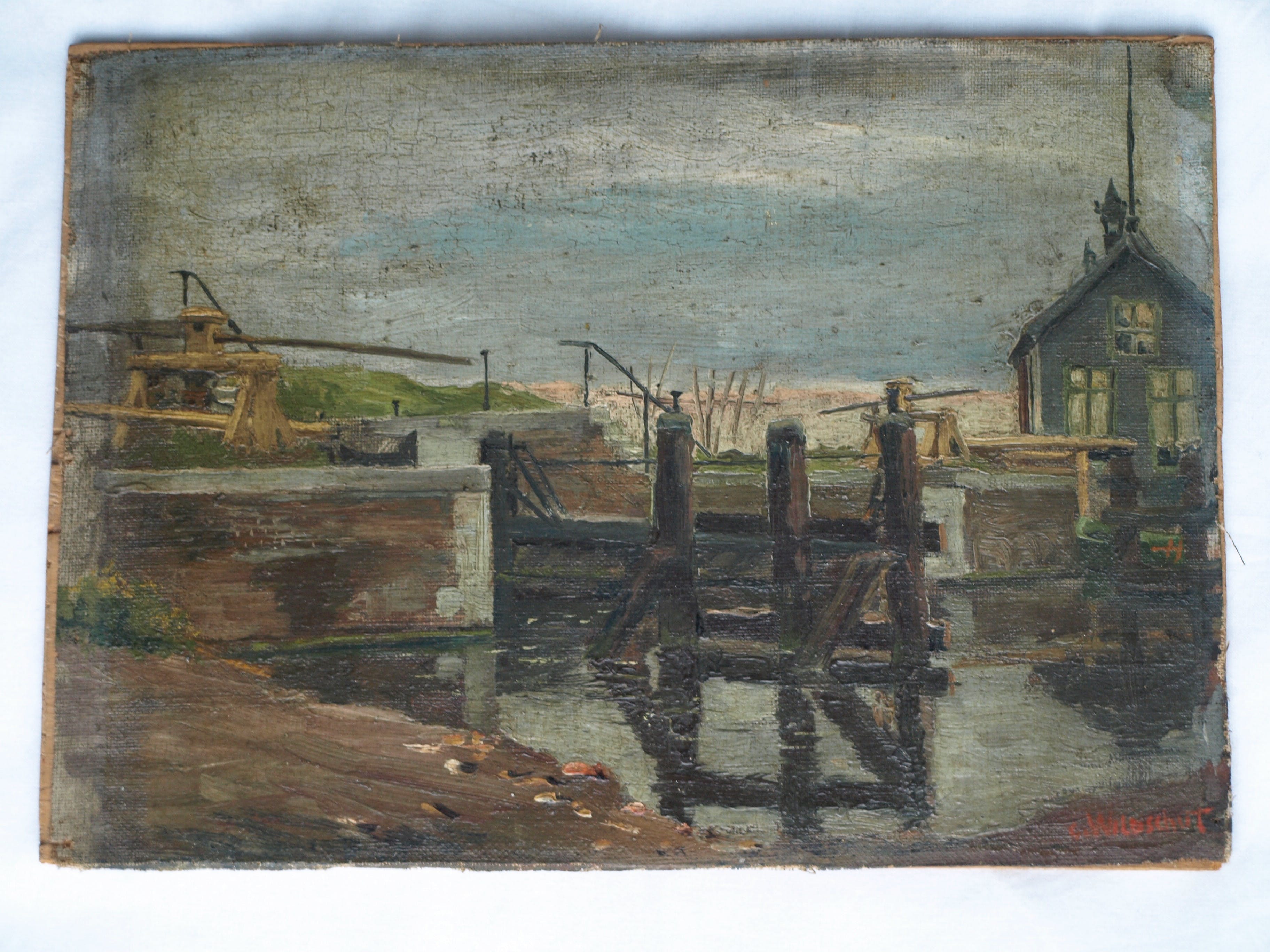 George Wildschut - Olieverf op doek op paneel (Marouflé) – Huisje aan de sluis – ingelijst –ca 1935 kopen? Bied vanaf 75!