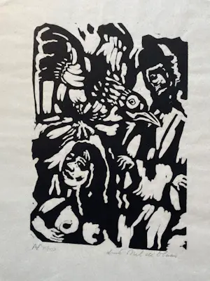Buy Aad de Haas - Vrouw, man & vogel – postume houtsnede – 75/150? Bid from 50!