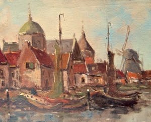 Niet of onleesbaar gesigneerd - Stadsgezicht Singel A'dam met bootjes en Lutherse kerk - Gesigneerd: W. van Dam kopen? Bied vanaf 10!