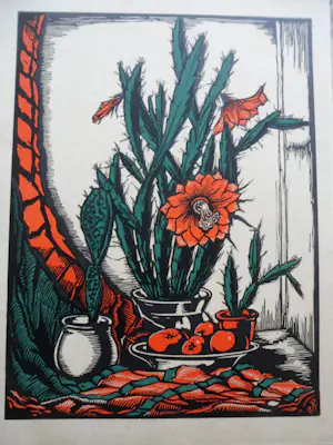 Jan Schonk - Houtsnede, Bloeiende cactus kopen? Bied vanaf 50!