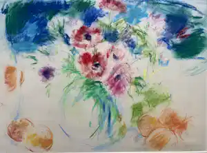 Arno van Iperen - (pastel)krijt op papier | 'Vaas met bloemen en fruit' | 1987 vendu pour 50€ !