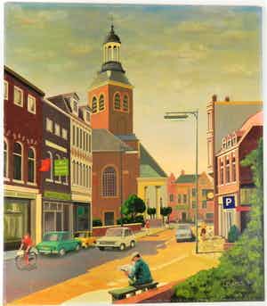 Niet of onleesbaar gesigneerd - BATES -Naïef geschilderde Bloemenmarkt Roosendaal 1 verkocht voor € 1!