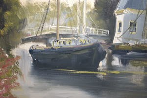 Jan Kelderman - Edam haven met scheepswerf - groot olieverfschilderij, ingelijst kopen? Bied vanaf 60!
