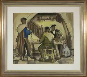 Emile Gastemans - Aquarel op papier, Figuren rond een tafel - Ingelijst verkauft für € 45!