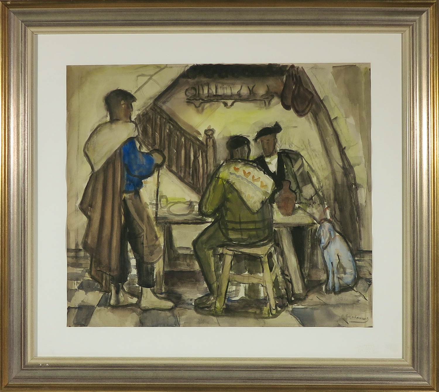 Emile Gastemans - Aquarel op papier, Figuren rond een tafel - Ingelijst verkocht voor € 20!