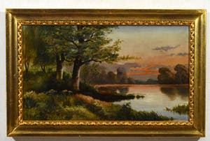 Niet of onleesbaar gesigneerd - (19-20e eeuws)- landschap-"Rivier oever bij zonsondergang"- olieverf op doek. kopen? Bied vanaf 10!