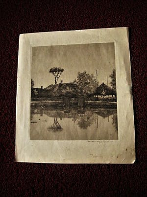 Niet of onleesbaar gesigneerd - Fraaie droge naald Ets "boerderij aan water" gesigneerd kopen? Bied vanaf 1!