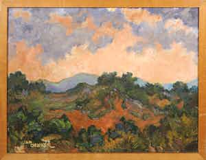 Jan Dekker - Olieverf op Hardboard, Avondrood Duinen, Ingelijst verkocht voor € 1!