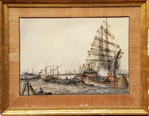 Willem Bos - Pasteltekening van de haven van Rotterdam. kopen? Bied vanaf 150!