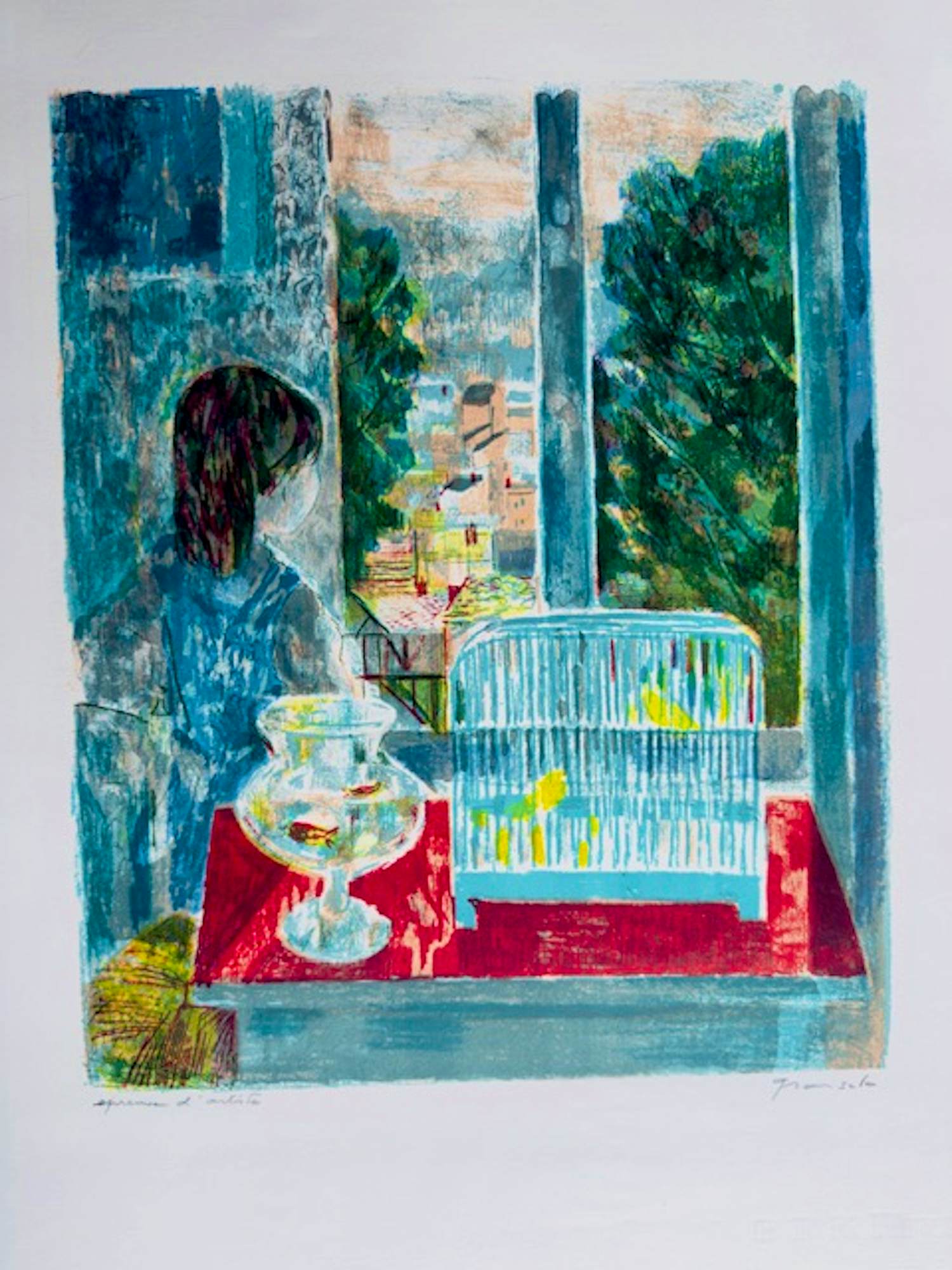 Emilio Grau-Sala - Lithographie "Fenêtre ouverte avec cage à oiseau et poissons rouges" kopen? Bied vanaf 115!
