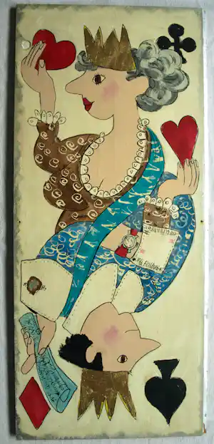 Gurli Feilberg - Arylverf op paneel , Koningin & Koning , Kaartspel – 93 x 41 cm. verkocht voor € 80!