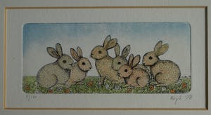 Birgit Krabiell - Ingelijste kleurenets , Konijntjes – 1987 kopen? Bied vanaf 1!