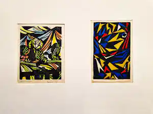 Ger Tamboer - twee in 1957 gemaakte kleuren houtsnedes "Oberammergau en geometrisch" verkauft für € 38!