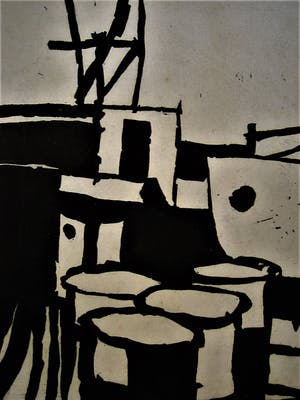 Hans Bernard - Jong gestorven Graficus - ZELDZAAM! - gesig. Linosnede "Haven scheepswerf" 1963 kopen? Bied vanaf 10!