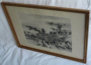 Niet of onleesbaar gesigneerd - Ingelijste zw/w inkttekening / aquarel , Japan? China? , Landschap kopen? Bied vanaf 1!