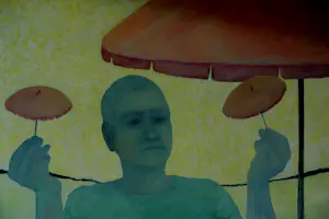 Ad van Riel - Zelfportret met parasols (1) kopen? Bied vanaf 450!