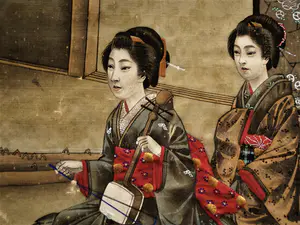 Niet of onleesbaar gesigneerd - Japan omstreeks 1930 - Fraaie verf op zijde "Geisha's maken muziek" kopen? Bied vanaf 1!