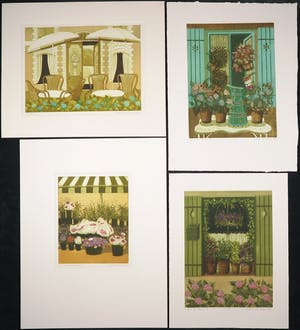 Willy Belinfante - en Laetitia de Haas - Lot van vier kleurenetsen, Bloemen kopen? Bied vanaf 35!