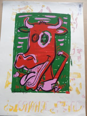Peter Klashorst - Zeefdruk, titel. "Mad Cow Green". kopen? Bied vanaf 35!