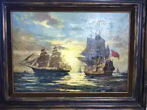 AcheterSimon van Gelderen - Groot olieverfschilderij met zeegezichten - Zeilschepen? Enchérissez de 250!