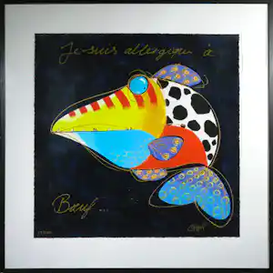 Joyce van Oorschot - Zeefdruk, Je suis allergique a Boeuf - Ingelijst (Groot) verkocht voor € 100!