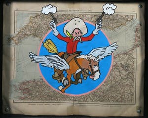 Jan Bollaert - Acryl op landkaart, Horse with Cowboy - Ingelijst kopen? Bied vanaf 1!