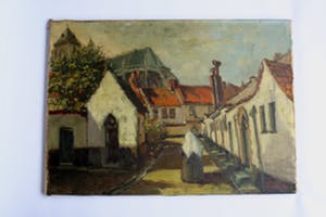 Niet of onleesbaar gesigneerd - olieverf op doek - Bavo en een hofje Haarlem - gesigneerd kopen? Bied vanaf 1!