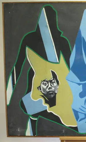 Robert Hallatu - Olieverf op doek , Molukse symboliek (?) met zelfportret – Lijst, 103 x 133 cm. kopen? Bied vanaf 250!
