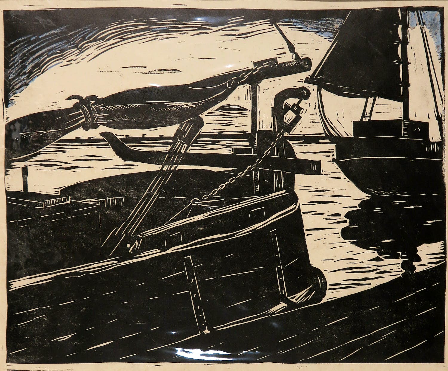 Niet of onleesbaar gesigneerd - Linosnede, Zeilschepen in de haven kopen? Bied vanaf 1!