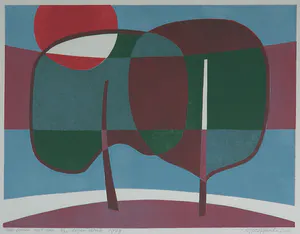 Gijsbert Jan van Koppenhagen - Kleurenhoutsnede, Twee bomen met zon kopen? Bied vanaf 40!