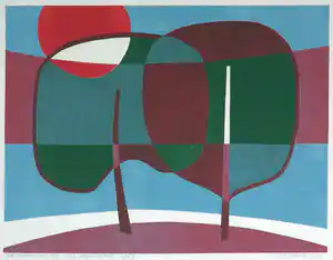 Gijsbert Jan van Koppenhagen - Kleurenhoutsnede, Twee bomen met zon verkocht voor € 40!