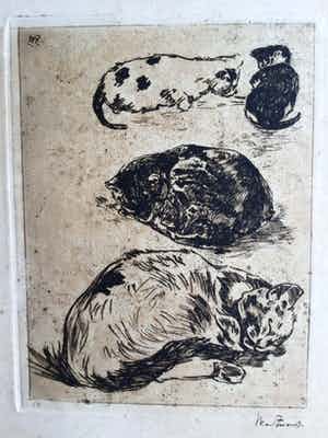 Willem de Zwart - Ets met 4 poezen verkocht voor € 75!