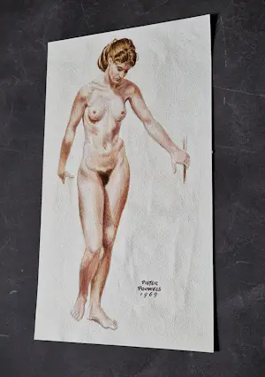 Pieter Pouwels - Mooie ingetogen Aquarel "staand vrouwelijk naakt" 1969 - gesigneerd kopen? Bied vanaf 32!