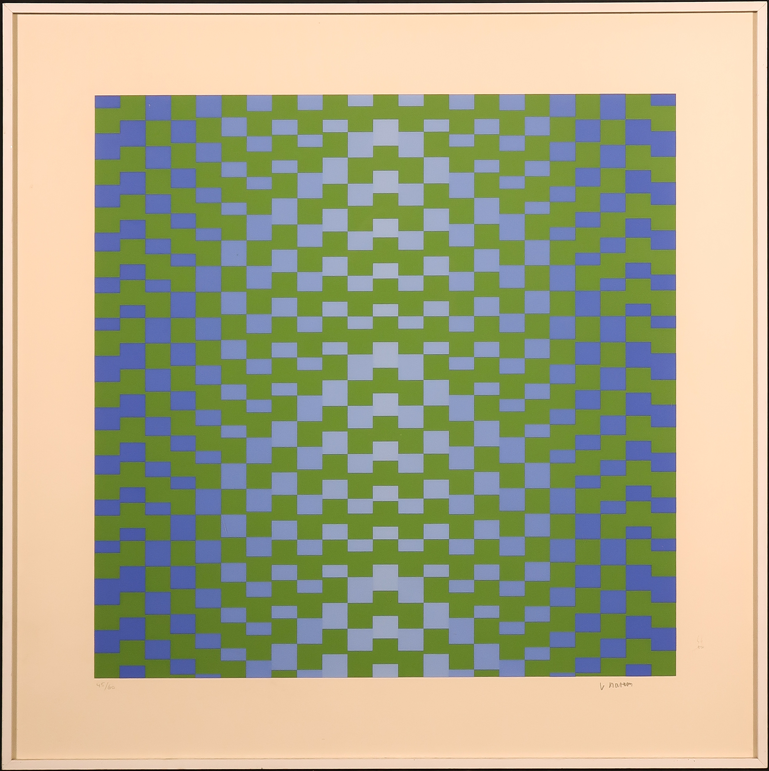 Eddy van Aarem - Zeefdruk, Abstract-geometrische compositie - Ingelijst verkocht voor € 35!