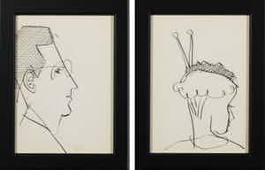 Siep van den Berg - Lot van twee pentekeningen, Vrouw en Man - Ingelijst verkocht voor € 50!