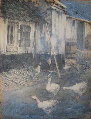 Theo Dijkwel - litho - ganzen op een erf - ingelijst kopen? Bied vanaf 35!