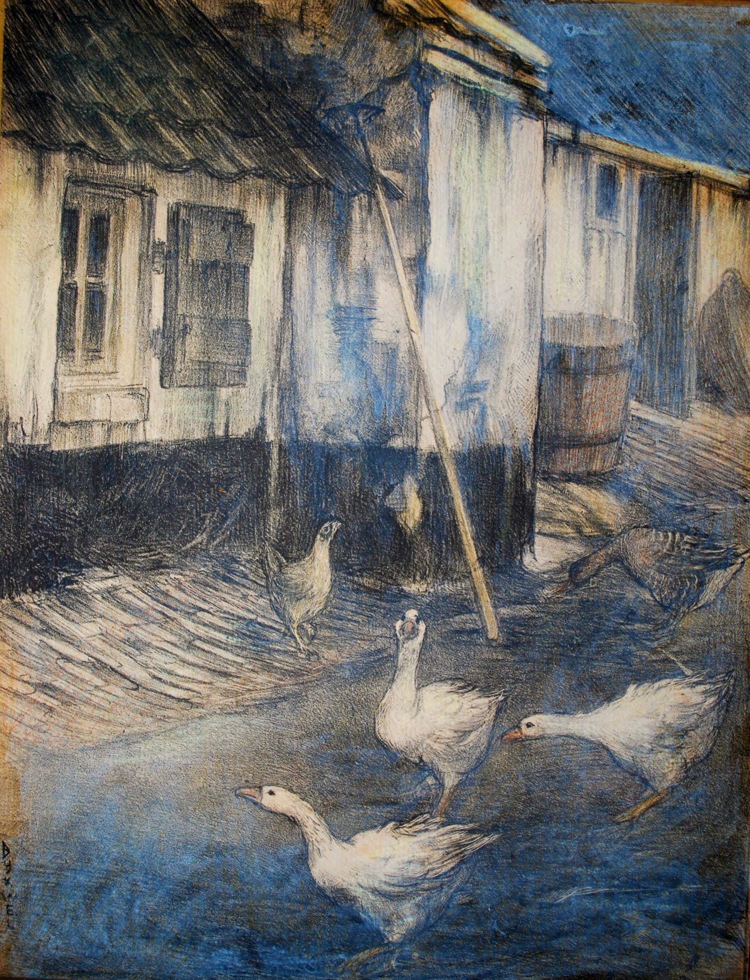 Theo Dijkwel - litho - ganzen op een erf - ingelijst kopen? Bied vanaf 35!