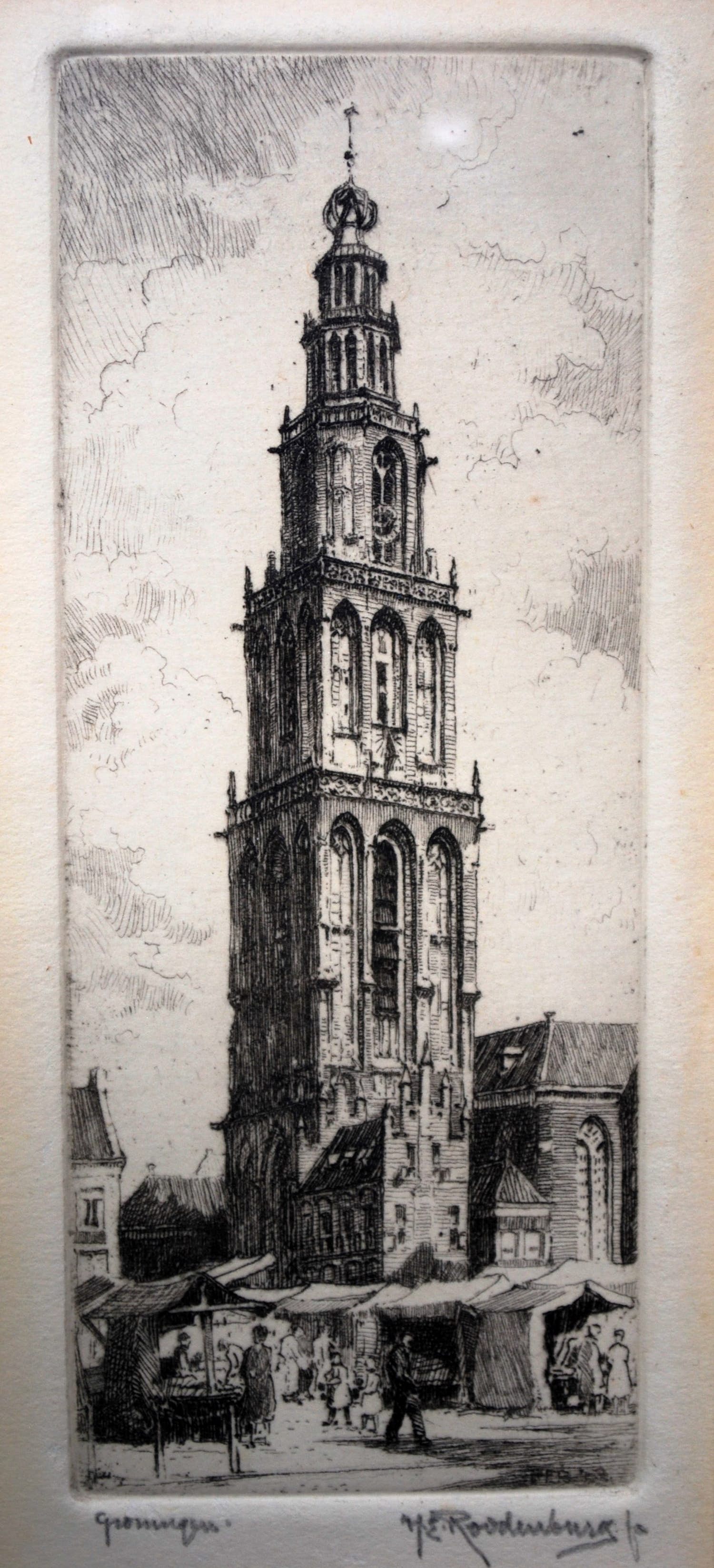Hendrikus Roodenburg - Martinitoren Groningen - ingelijste ets kopen? Bied vanaf 45!