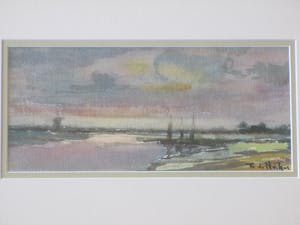 Frans de Nocker - Haventje in landschap bij avondlicht - Gemengde techniek kopen? Bied vanaf 55!