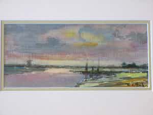 Frans de Nocker - Haventje in landschap bij avondlicht - Gemengde techniek verkocht voor € 55!