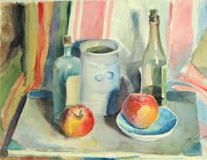 Henk Lit - Aquarel, “Stilleven met flessen en appels” - gesigneerd & ingelijst – ca 1970 verkocht voor € 45!