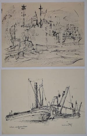 Wim Motz - 2 tekeningen van Rotterdamse havengezichten kopen? Bied vanaf 50!